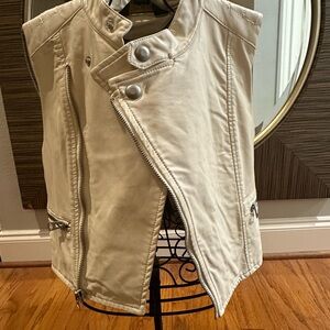 Cream Faux Leather Vest with Asymmetrical Zipper